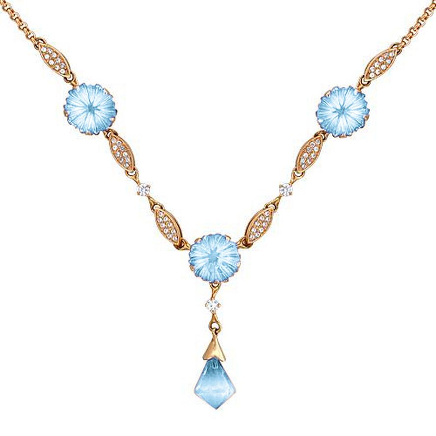 ожерелье из золота 585 пробы с топазом голубым, топазами и фианитами 01Л310691-2